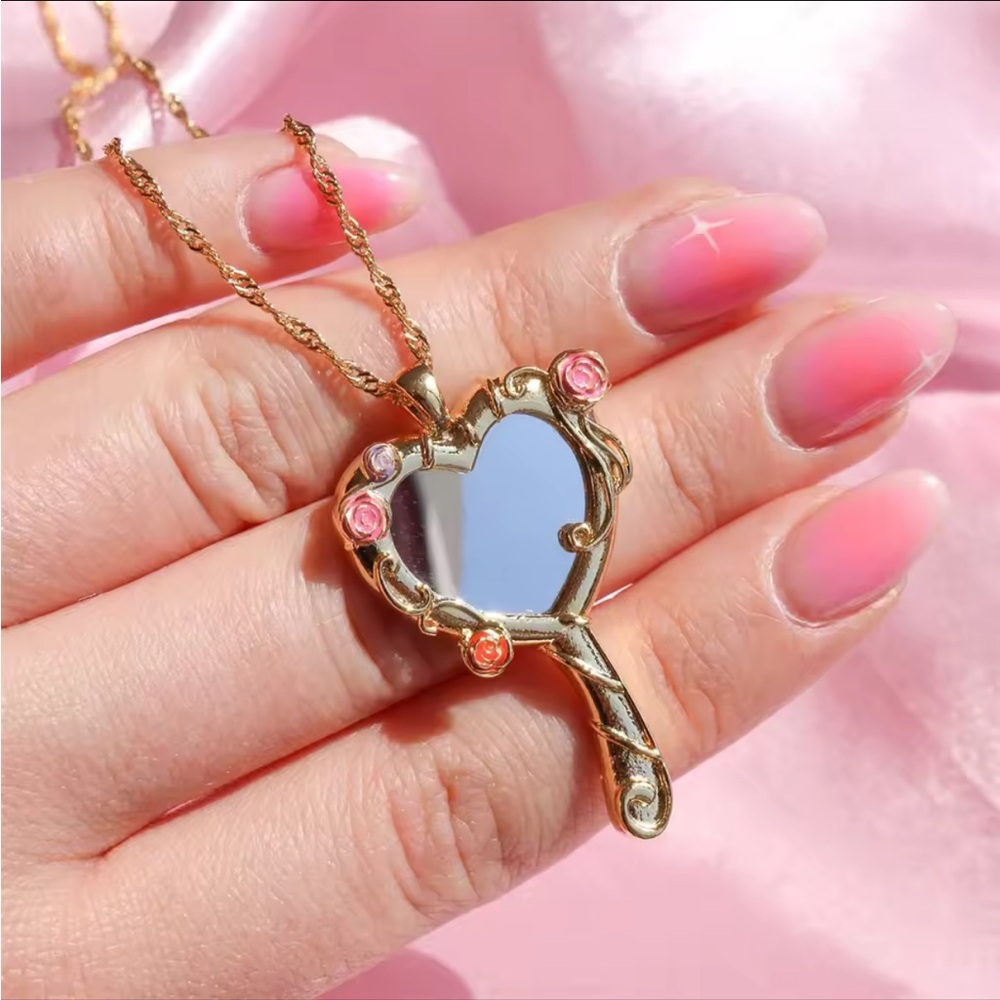 Golden Mirror Heart Pendant Necklace